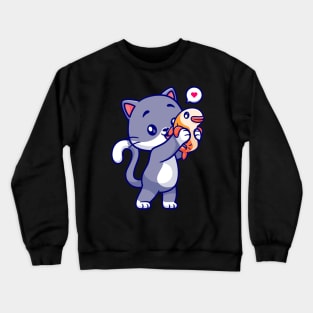 Cute Cat Holding Fish Cartoon Crewneck Sweatshirt